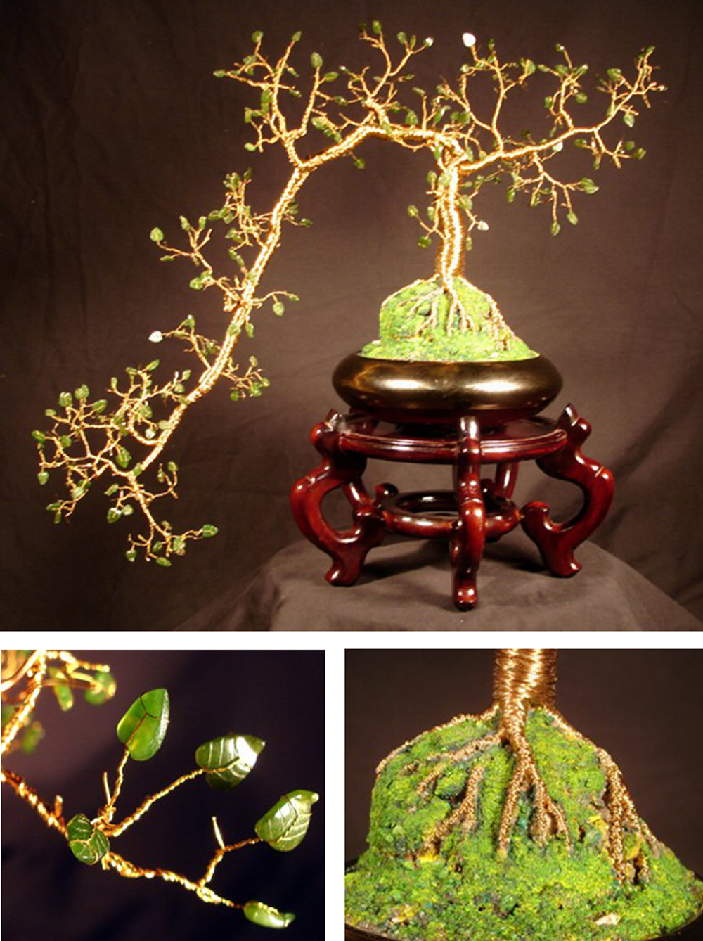 JADE CASCADE,  Wire Tree Sculpture with jade leave