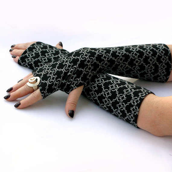 Elegant Black and White , Long Fingerless Gloves