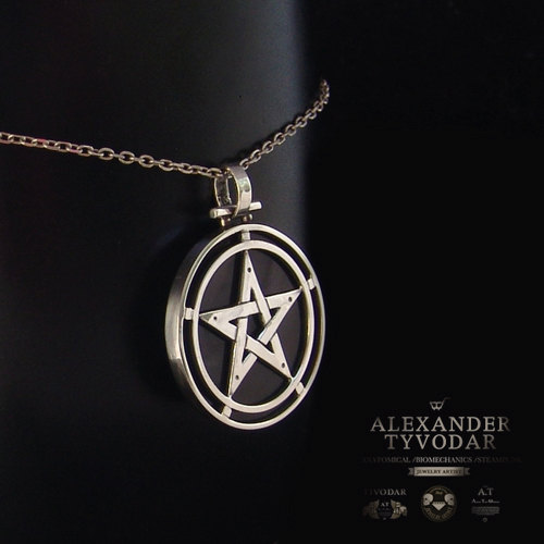 Pentagram necklace made of silver, obsidian black