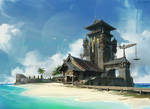 Beach and Chinese style architecture