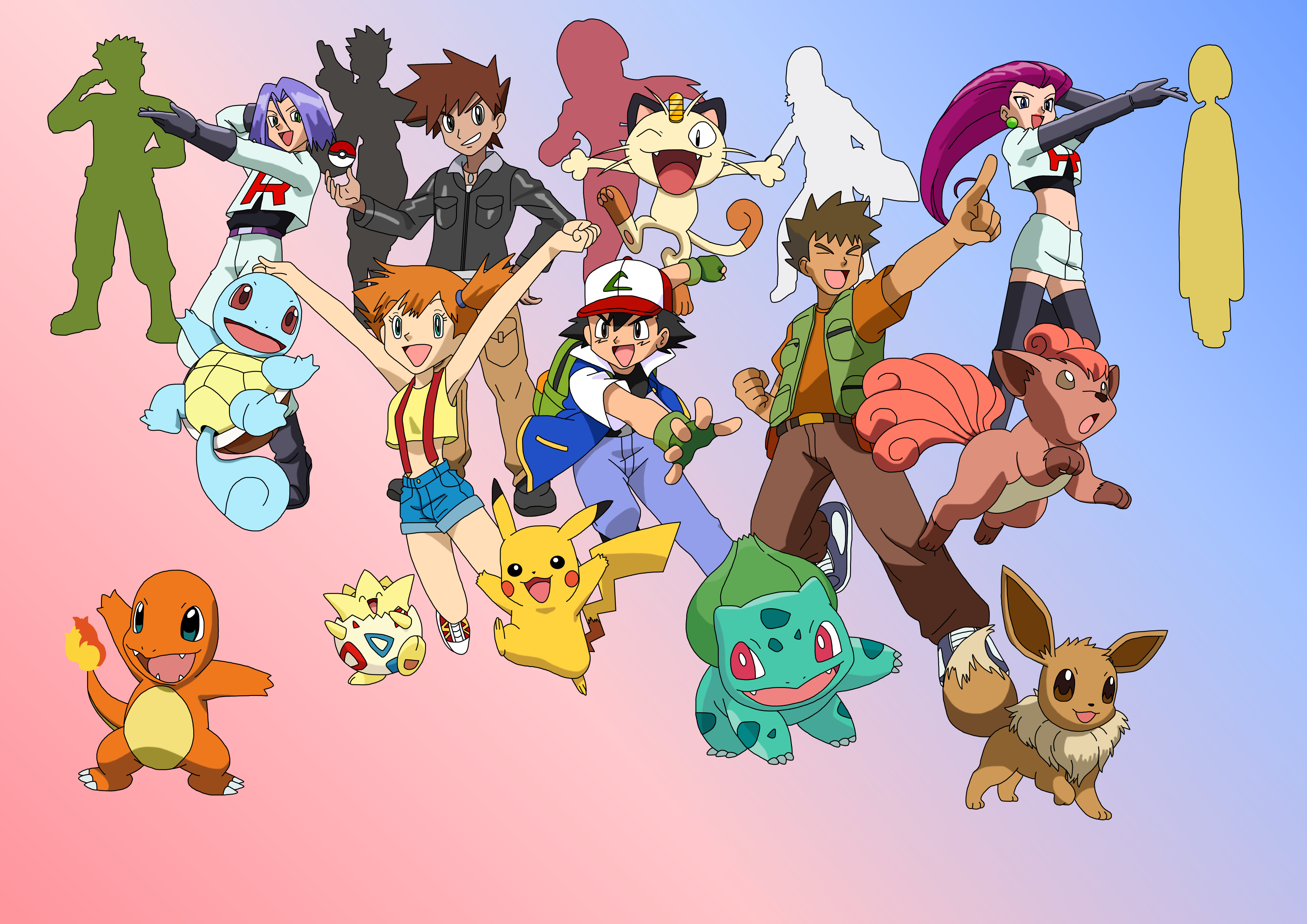 pikachu, dawn, ash ketchum, piplup, jessie, and 6 more (pokemon