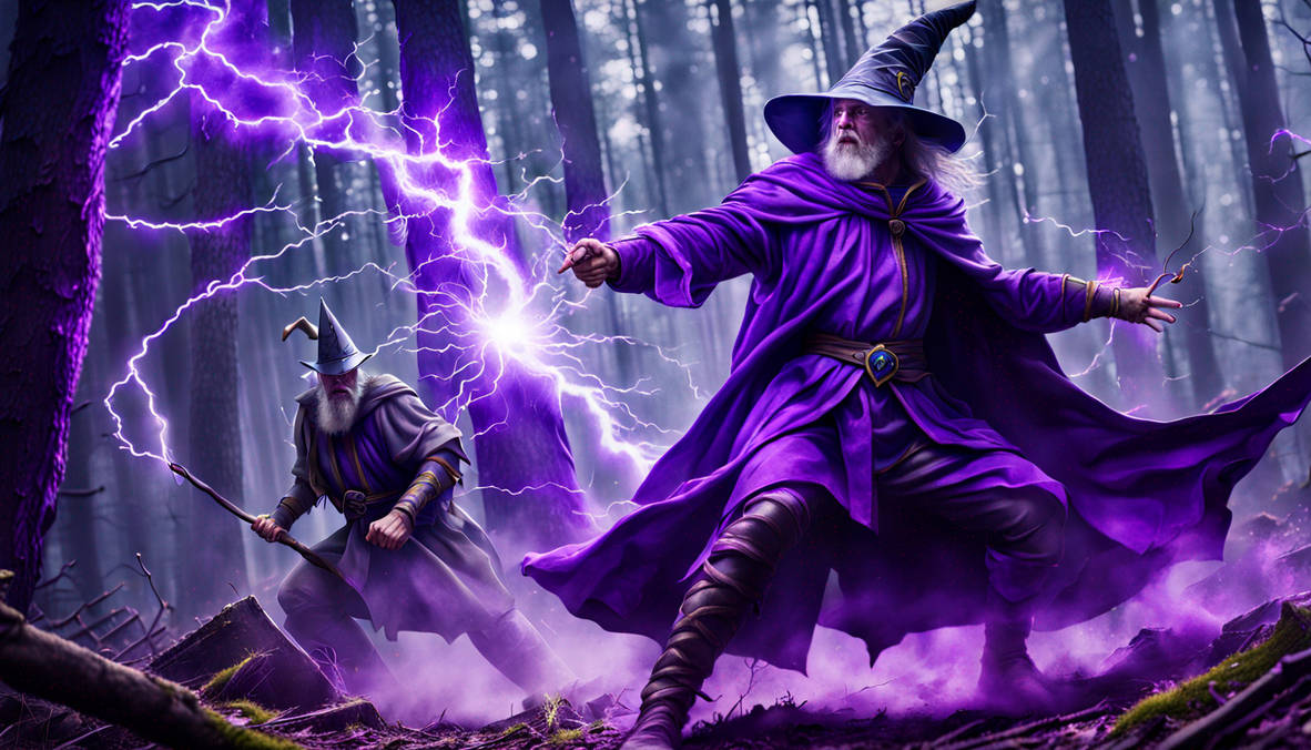 Wizard Avanger Wizard attacking bandits with purple lightning in by Azkkar on DeviantArt