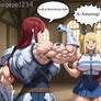 Erza showing off her huge biceps to Lucy (FMG)