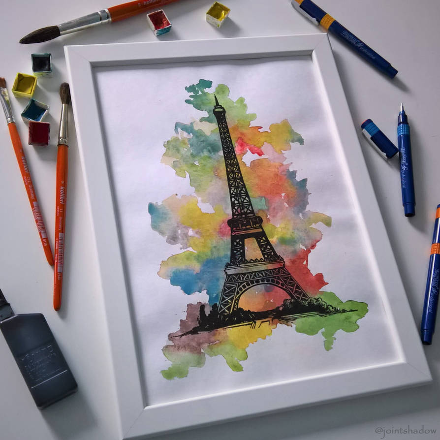 Watercolor Eiffel Tower (with tools) by jointshadow
