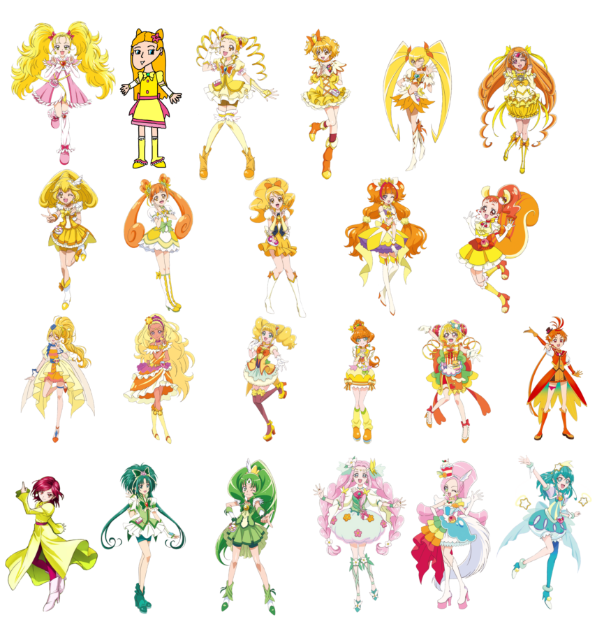 Character design of a lime green precure with yellow-orange eyes