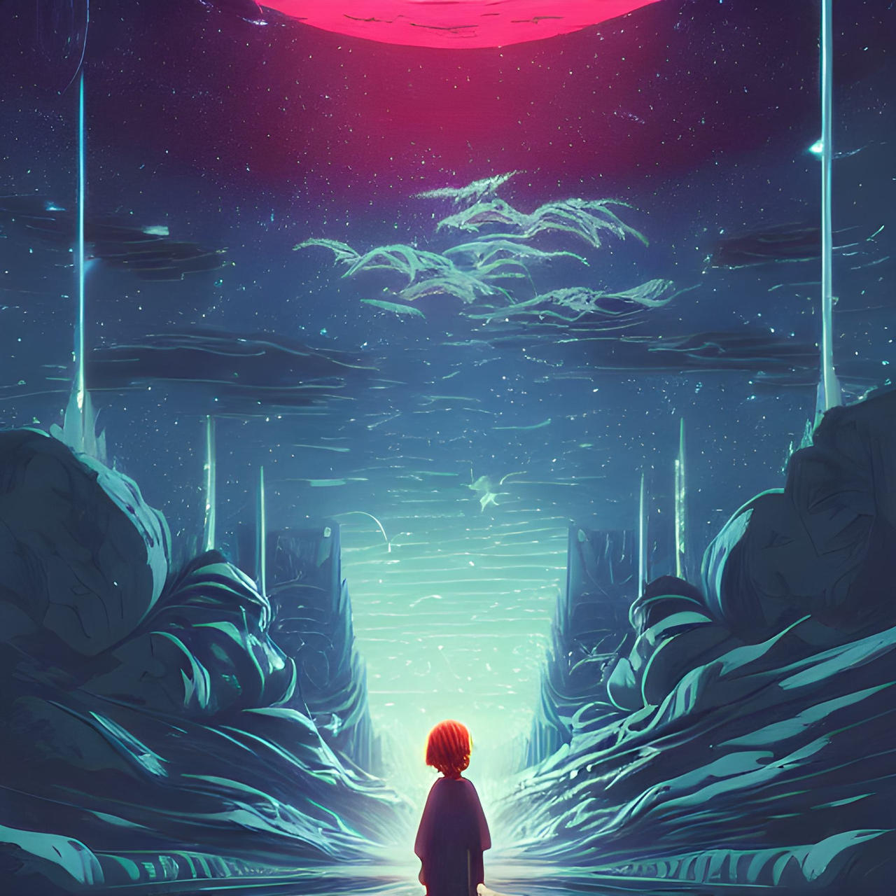 Kid Under Red Moon | AI Generated by UMunchkin on DeviantArt