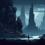 Enigmatic moonlit ruins, a lone figure standing