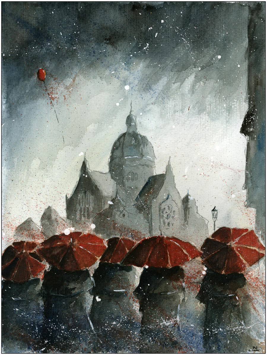 Red umbrellas and old synagogue