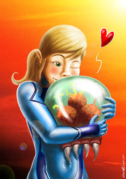 Samus hugs a metroid.