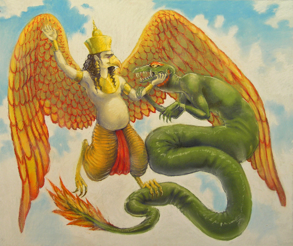 Garuda subduing a serpent by luve