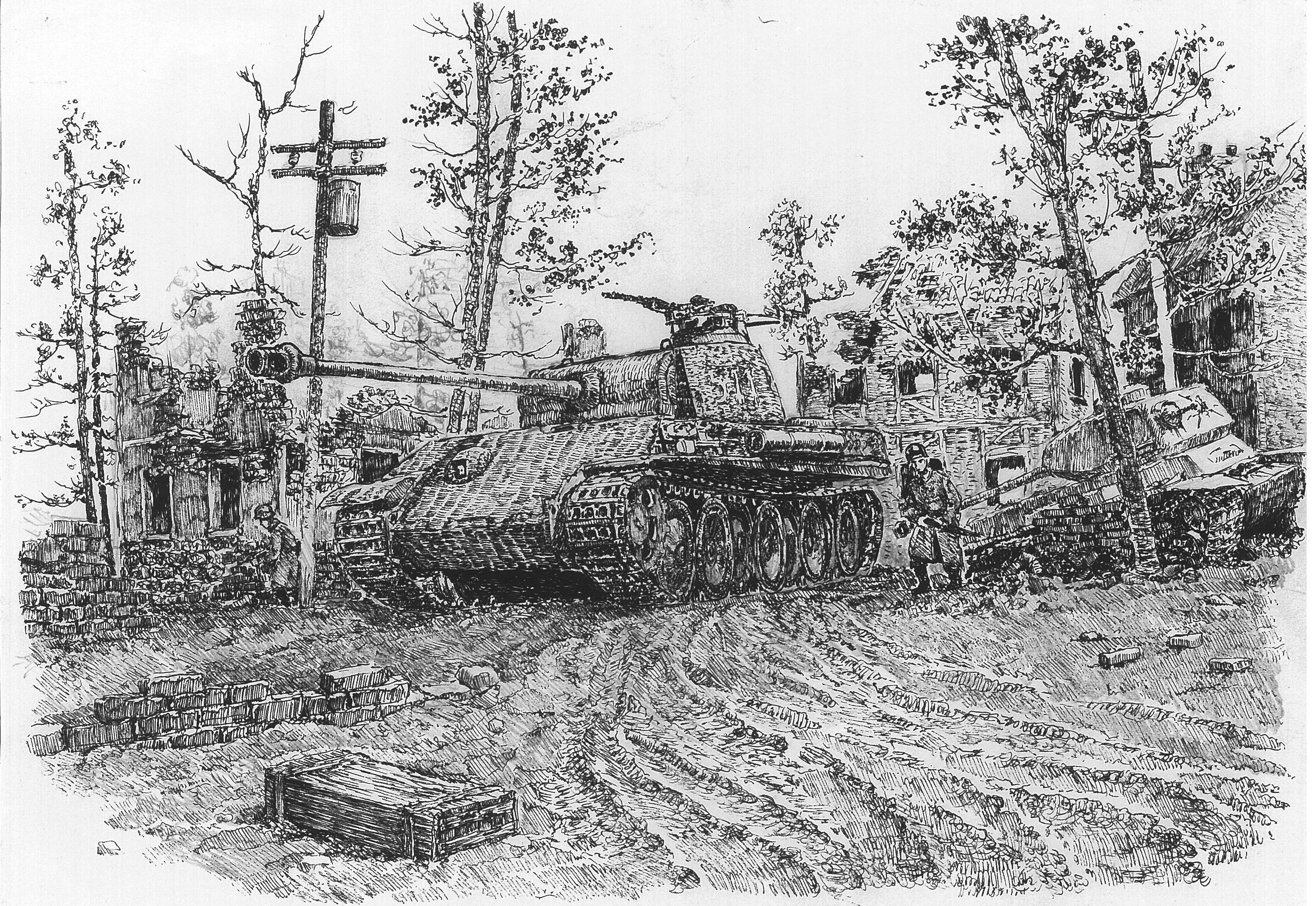 Panzer in Vellage  (Black Ball-point Pen Work)