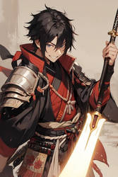 Request - a cheeky Samurai holding a red-hot pike