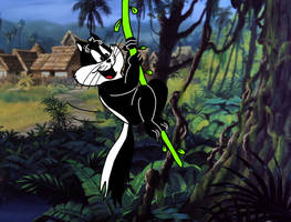 Penelope Pussycat swinging on a vine in the jungle