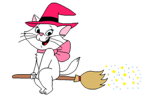 Marie riding a broomstick