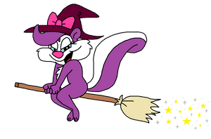 Fifi La Fume rides a broomstick