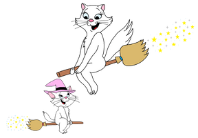 Duchess and Marie riding broomsticks