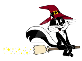 Penelope Pussycat riding a broomstick