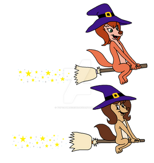 Sasha and Bess riding broomsticks