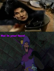 Clopin laughs in Aunt Agatha's face