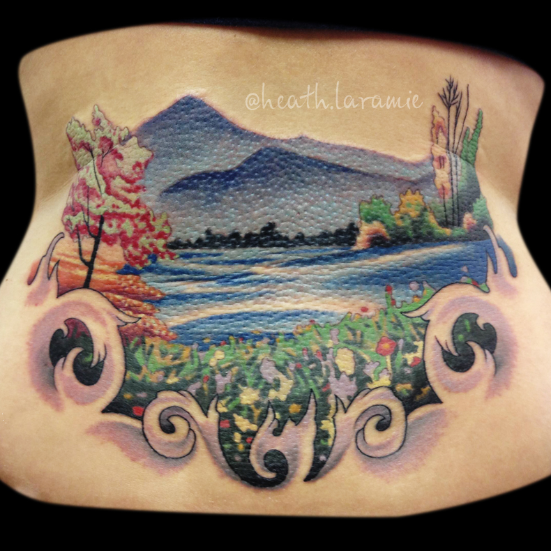 Mountain Scene Watercolor style tattoo