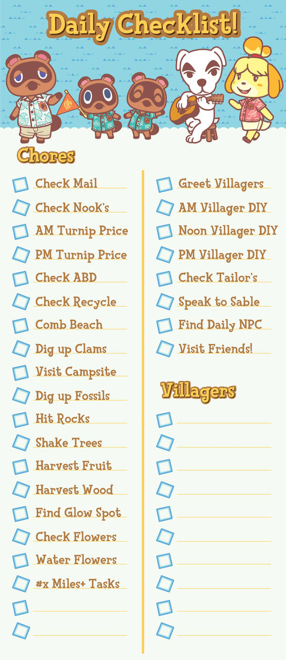 Animal Crossing New Horizons Daily Checklist! by Heartage on DeviantArt Animal Crossing New Horizons Daily Checklist! by Heartage on DeviantArt