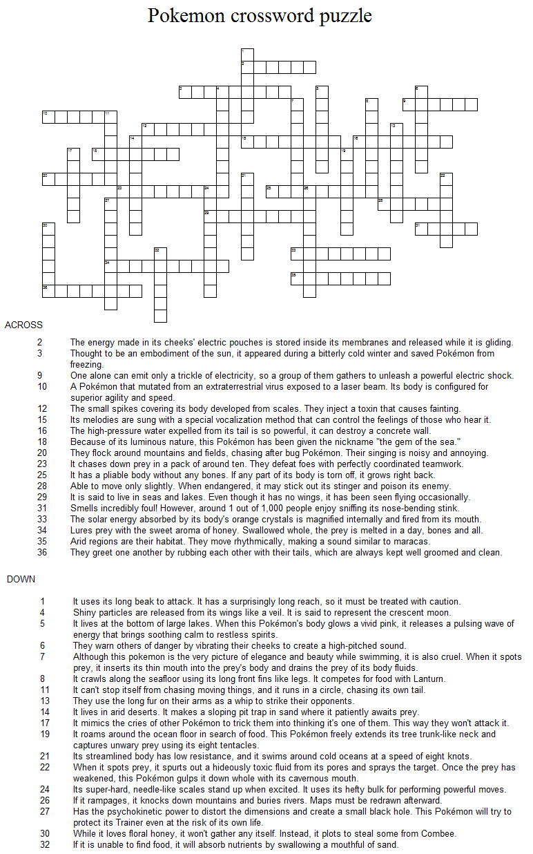 Pokemon crossword puzzle