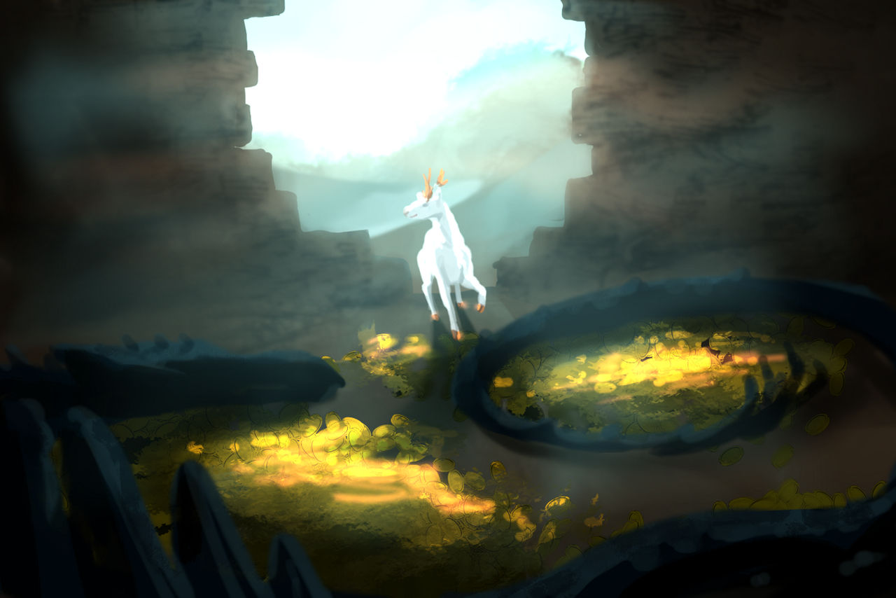 A white deer with golden antlers and hooves strides into a massive dark area. This space is largely filled by a sleeping dragon and its golden hoard.