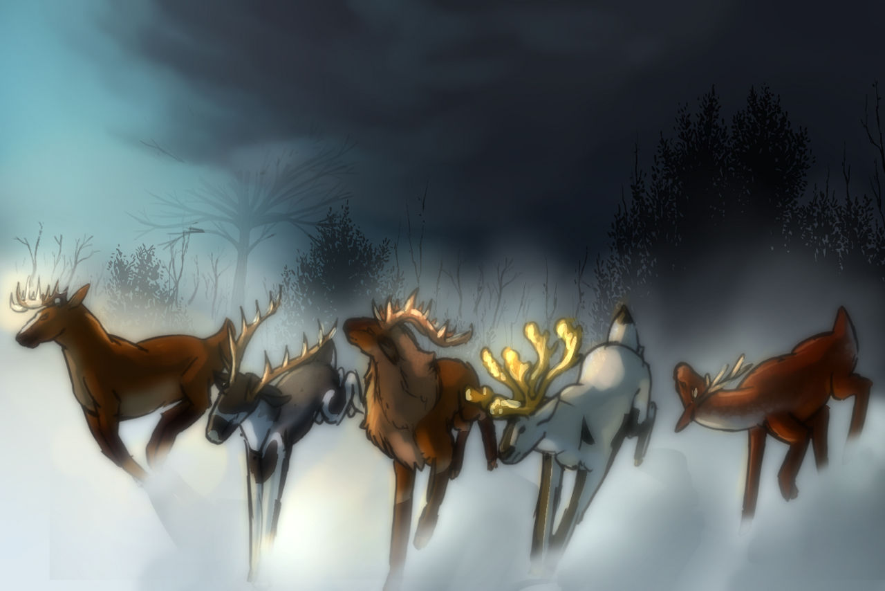 The same deer from the earlier piece, now running through a flat plain of snow away from dark, ominous-looking clouds. In the distance are trees. All of the deer look to be in a hurry, and the snow is kicked up behind them.