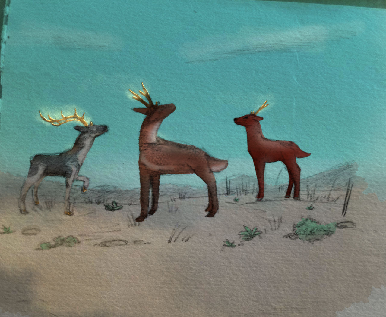 A digitally colored pencil drawing of three deer, standing around in a sandy desert. From left to right, there is a gray and white deer with curling patterns and gold hooves and antlers; a red and white deer with bronzey antlers and a bright white neck and shoulder stripe; and a plain red deer with a slightly lighter back and gold antlers. The piece is minimally shaded at best, and features small scrub and mountains in the distance.