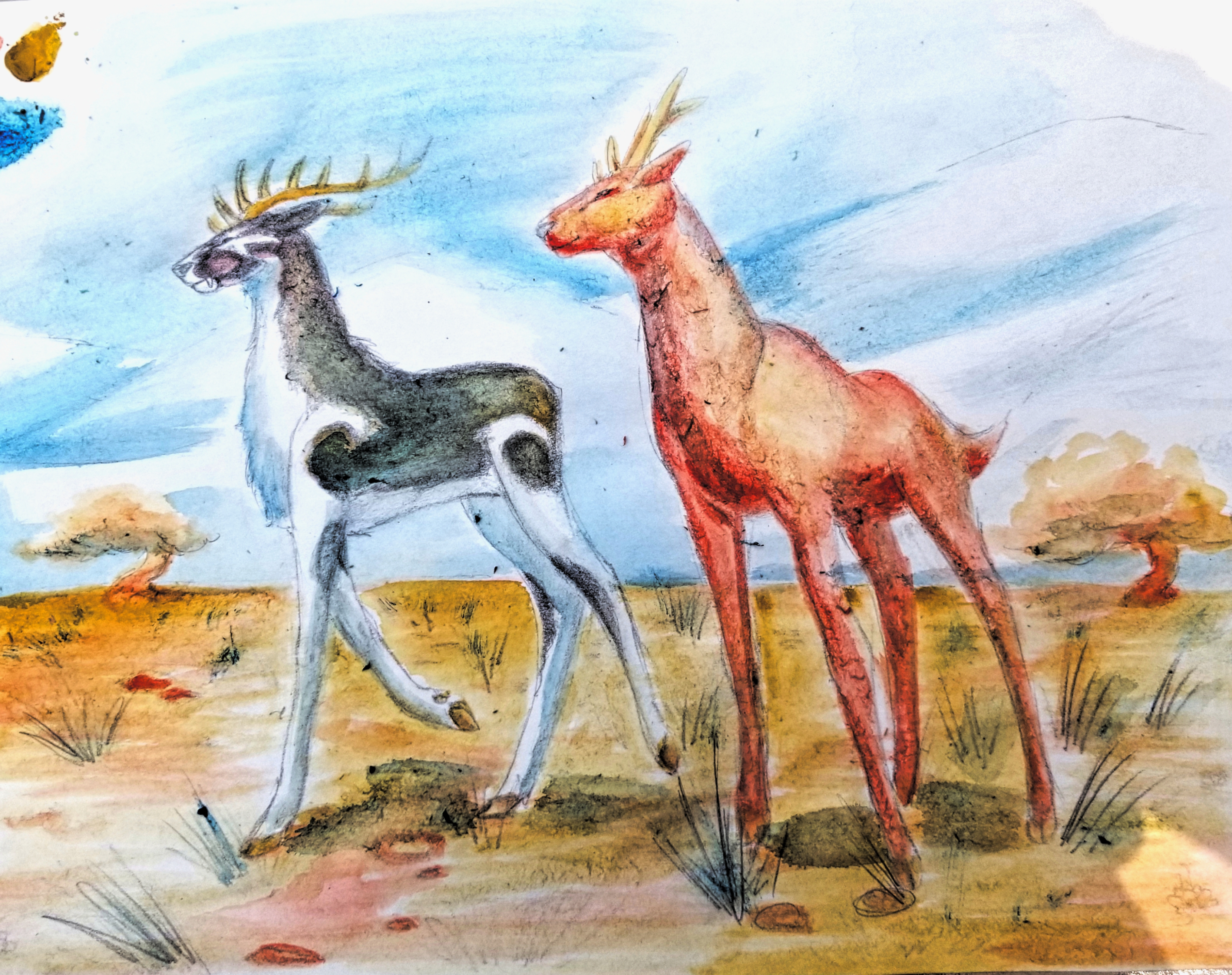 A watercolor painting of the plain red deer and the gray and white deer with the curling patterns from the pencil images. They are somewhat poorly rendered in oversaturated watercolor, and it is visible that the paper started falling apart while it was being painted on as there are pieces of rolled paper and strange textures stuck to the paper. The deer are rendered in a very slender, leggy style.