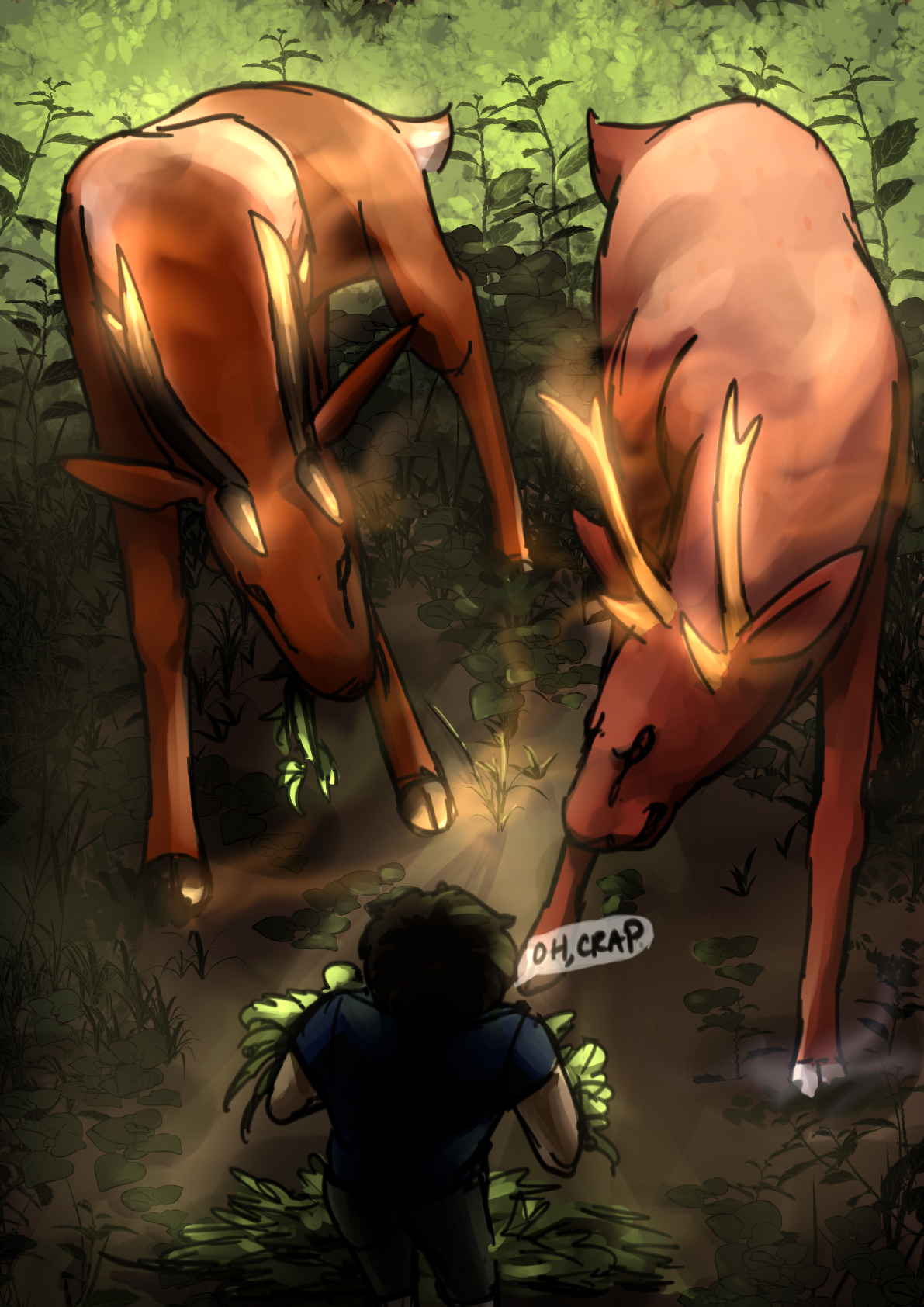 The same red deer, attempting and succeeding at intimidating some random, very small, human.