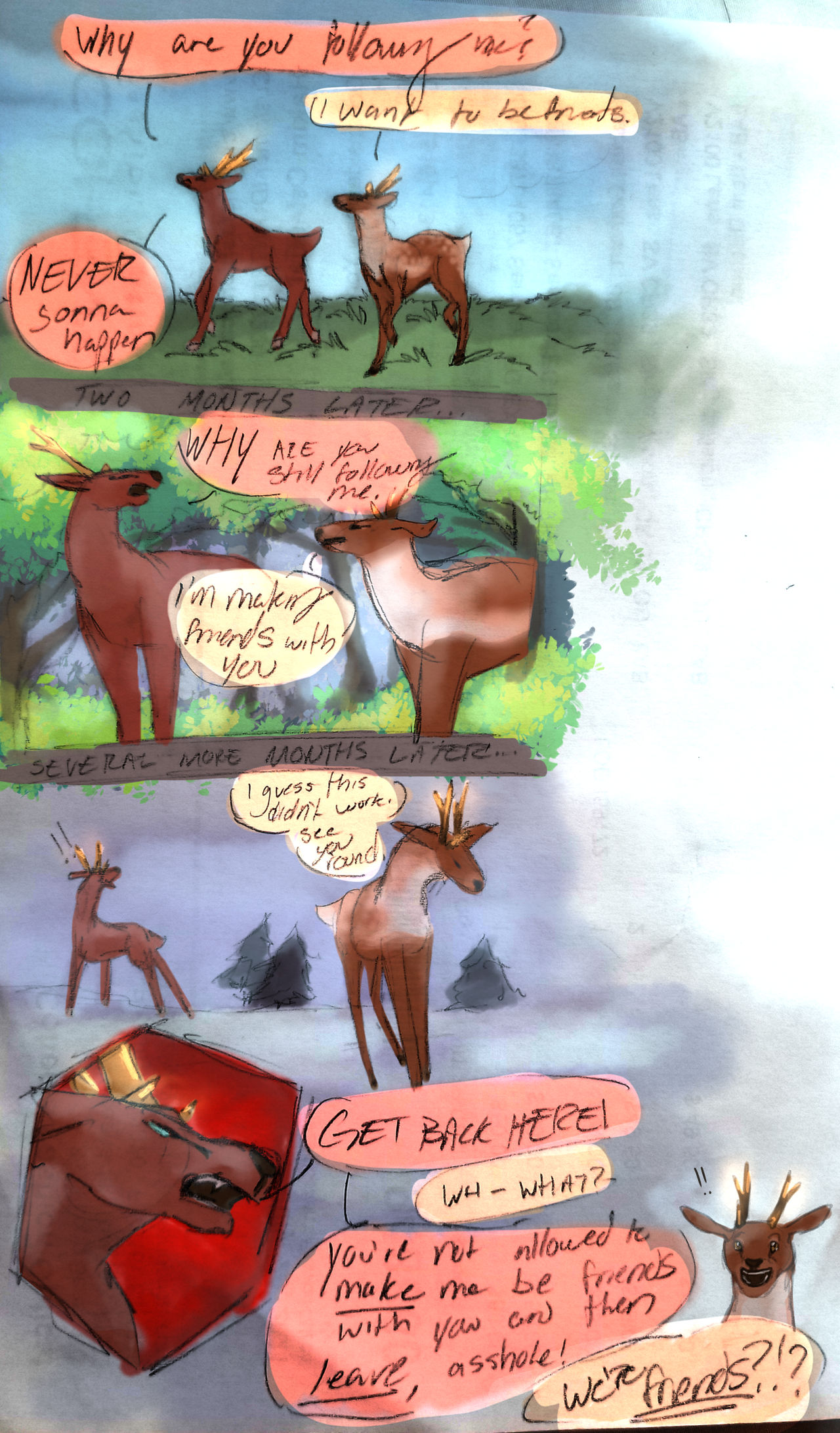 A five-panel comic showing the red deer making friends.