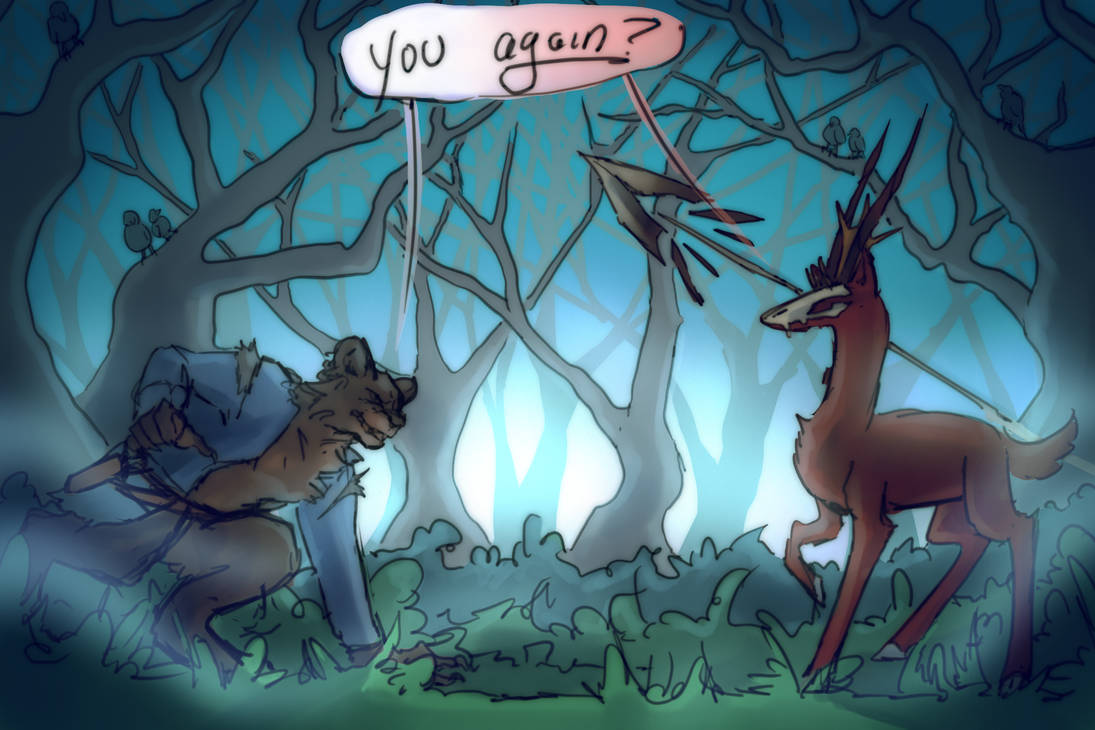Rubin, a red deer creature with a white skull mask and a floating spear, stalks from one side of the screen while a were-bear creature in torn clothing bounds in from the other. They clearly know and recognize each other, because when they see each other, simultaneously, they say "You again?". Behind them, dusk begins to fall.