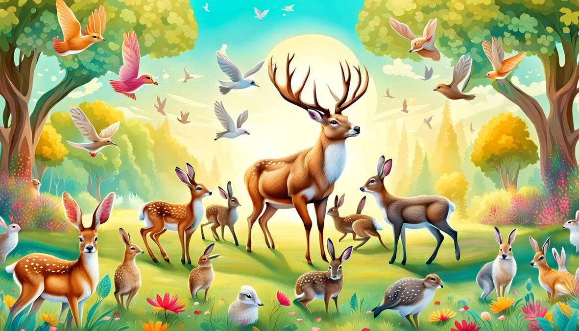 Magical World .deer Rabbits Birds Sunny Day