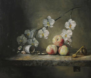 still life: peaches and orchid