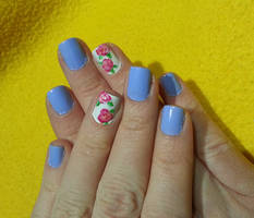 Baby Blue with Pink Flower Accent Nail Art