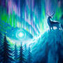 Winter fairytale with aurora and reindeer