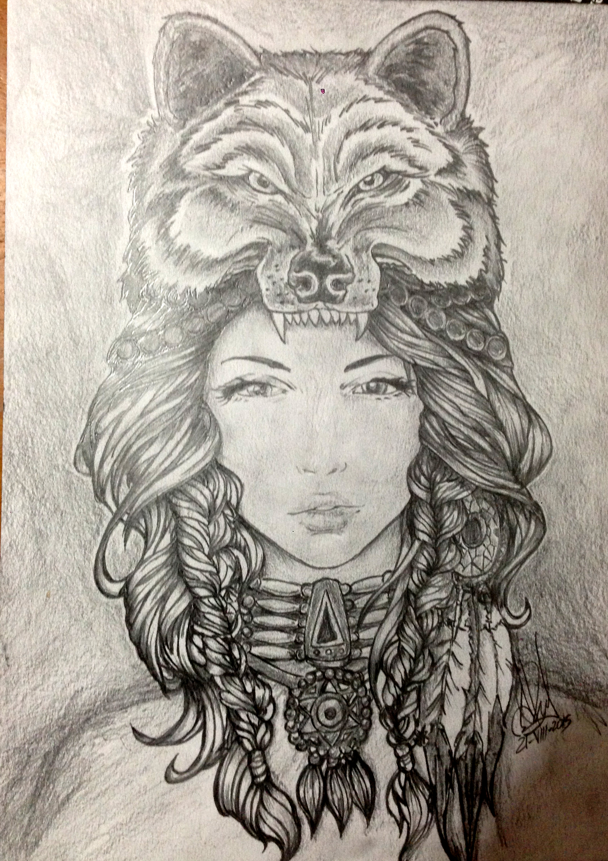 Traditional native american woman pencil drawing