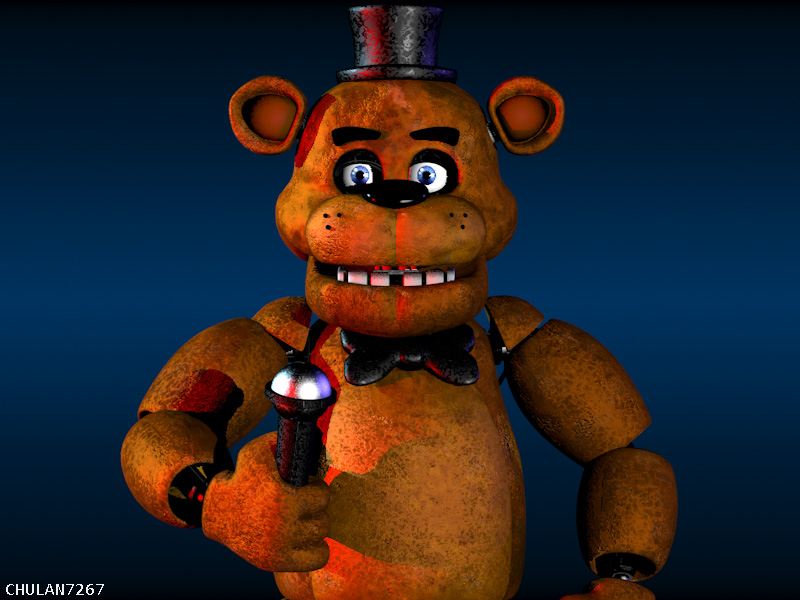 Freddy fazbear pouting, fnaf 1, 3d render, scott cawthon, blender, fur  texture