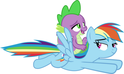 Spike riding on Rainbow Dash
