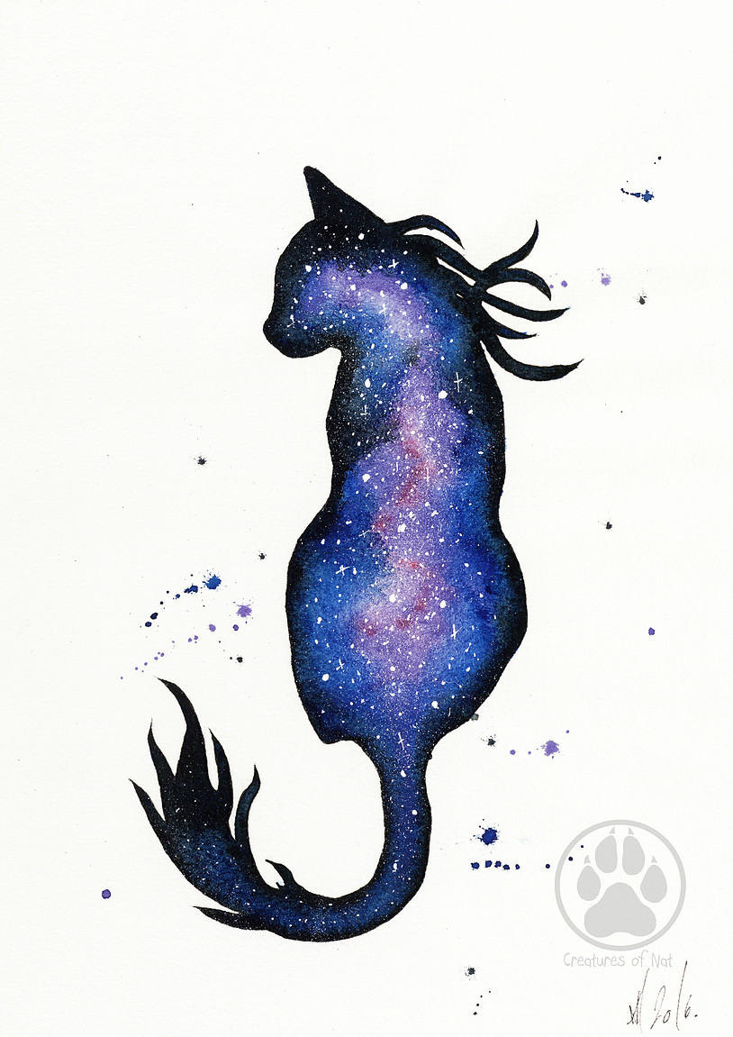 Purple Nebula Cat Watercolour Painting.