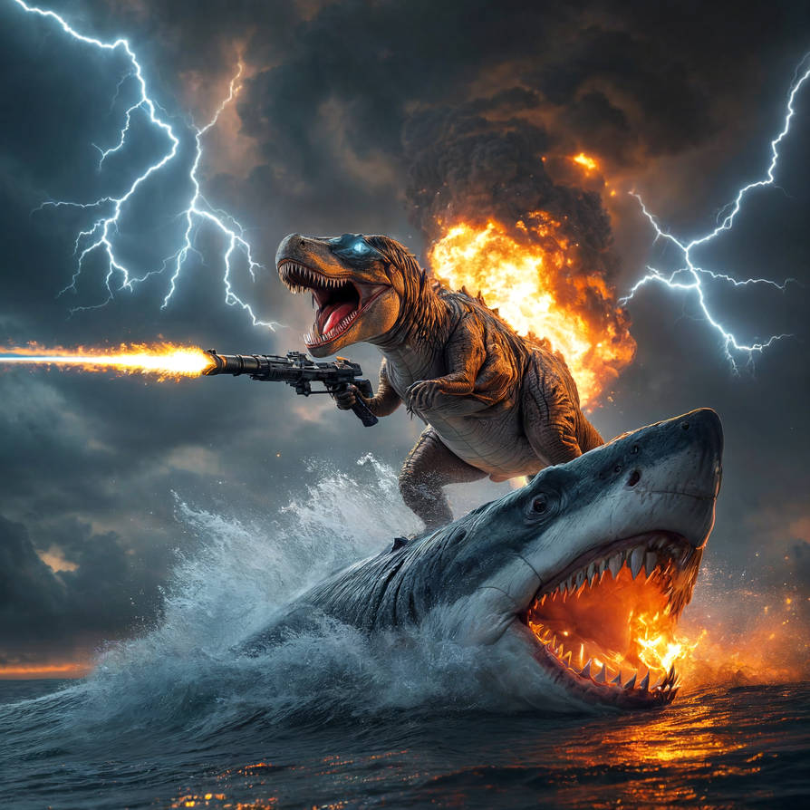 T Rex Riding Shark T-Rex surf on a shark UHD by Picknikker on DeviantArt