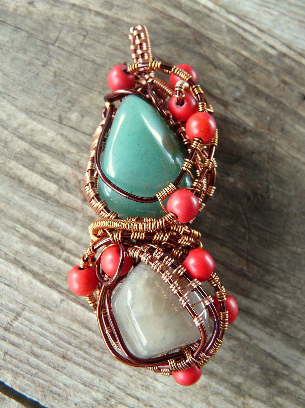 Wire Wrapped Cooper Agate and Aventurine Pendant