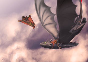 Hiccup and Toothless flying over the clouds