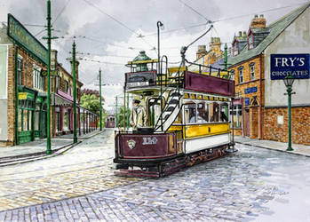 Tram leaving 1900's town, Beamish Museum.