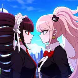 Celeste and Junko staring into each other's eyes