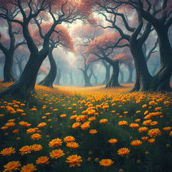 Marigold Field In An Mystical Forest, Surreal Tree