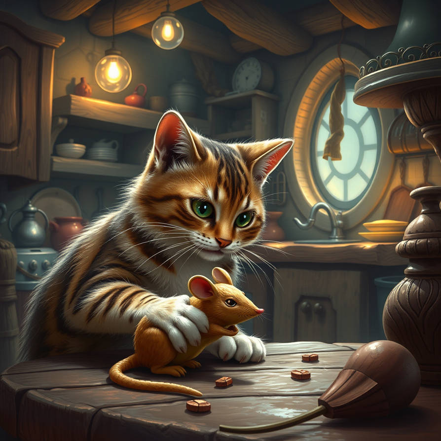 Cat Playing With A Mouse Shaped Toy In A Fantasy K