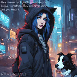Cat hoodie girl in cyber city with border collie