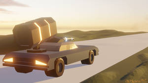 Armored low-poly car in the sunset